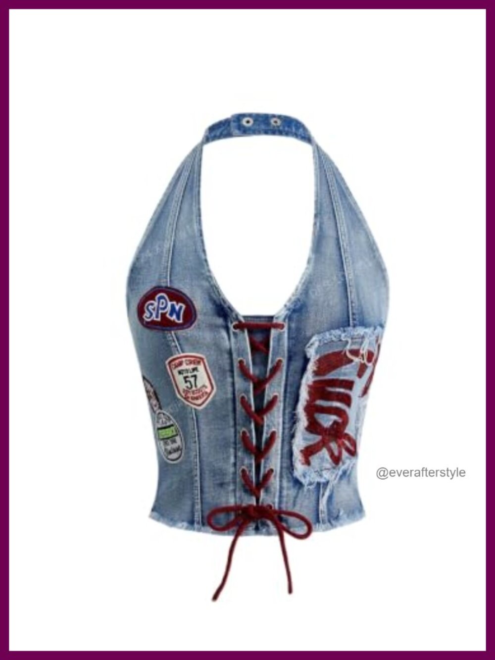 Embroidered Denim Halter Crop Top Y2K Smocked Backless Lace Up